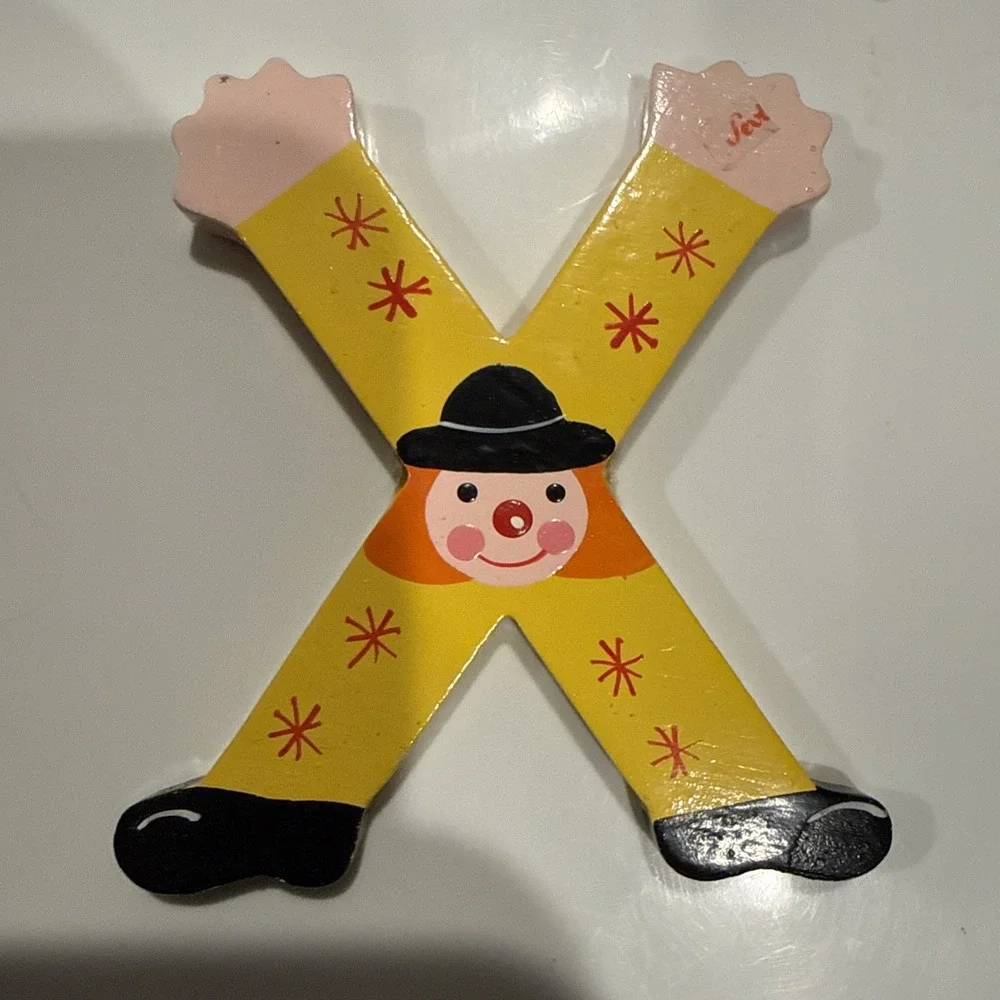 Vtg Sevi Clown Child Kids‎ Alphabet Wooden Letter X Personalized Decor Yellow